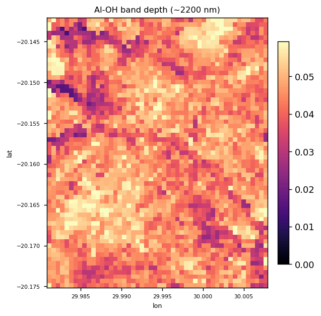 EMIT Al-OH band depth near 2200 nm. Shallow signal concentrated in the NW corner.
