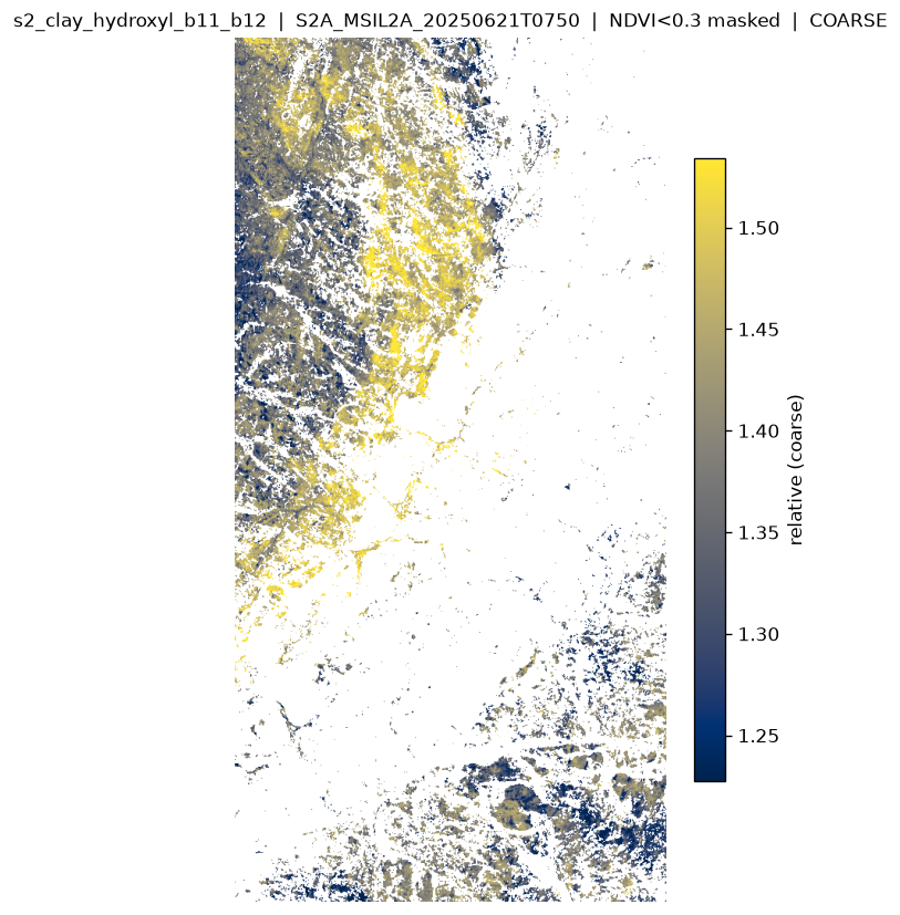 S2 B11/B12 clay-hydroxyl ratio over the claim AOI. Warmer colours indicate stronger relative hydroxyl signal.