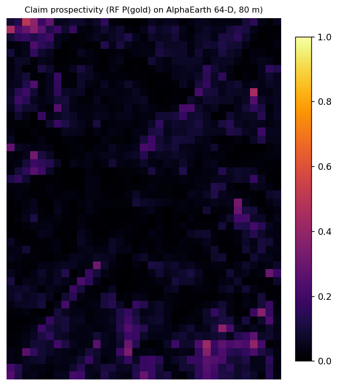 RandomForest P(gold) over the claim AOI at 80 m, magma colormap