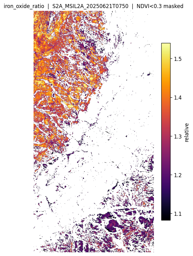 Sentinel-2 B04/B02 iron-oxide ratio, stretched 2–98th percentile