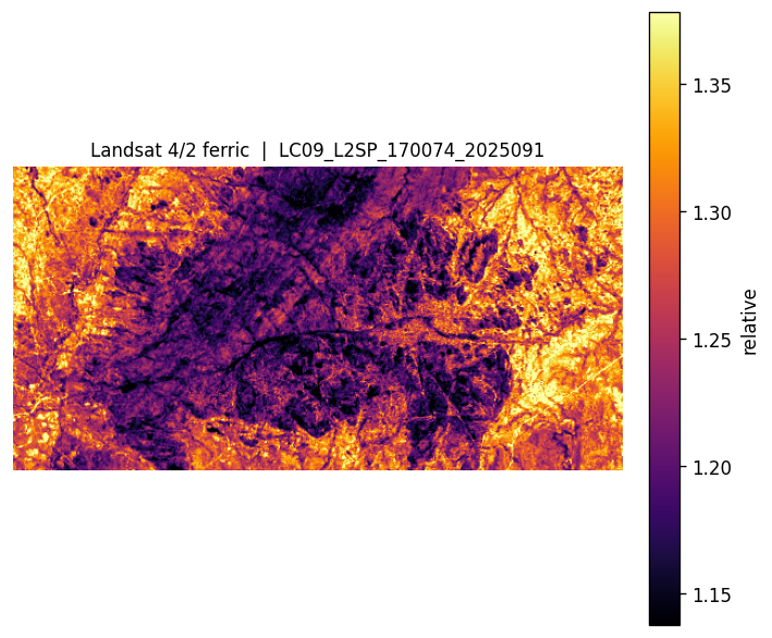 Landsat Collection-2 band4/band2 iron-oxide ratio at 30 m