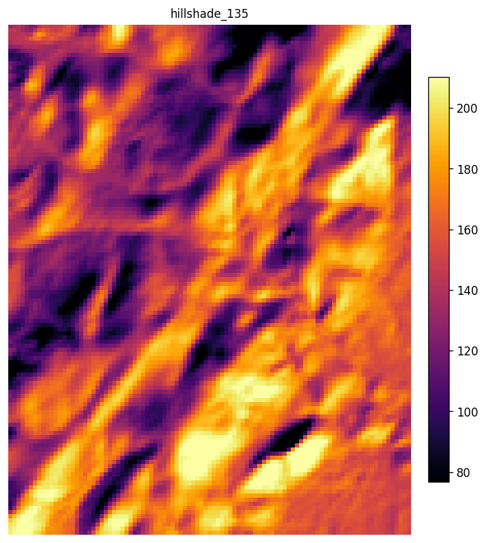 Single-azimuth hillshade, 135 degrees (southeast sun)
