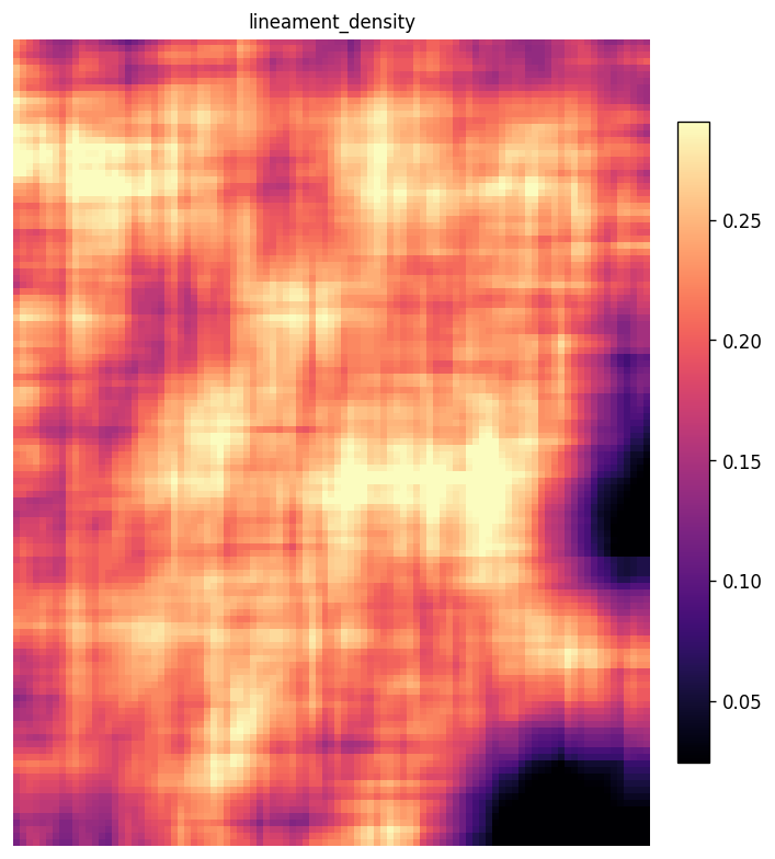 Lineament density heatmap: total lineament length per unit area