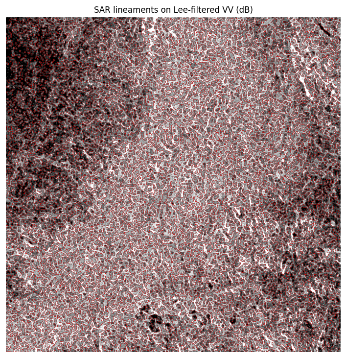 SAR-derived lineaments overlaid on the VV backscatter image